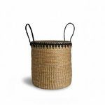 Side angle of bamboo stool displaying full height and curved handles against white background