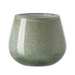 Sleek greenish glass lantern vase with smooth contours and subtle textured finish