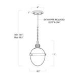 Diagram of Otis Pendant Small with dimensions and included extra pipe sizes for adjustable height