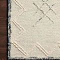 Corner detail of rug on dark wood floor highlighting raised geometric stitching and color variation in border