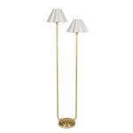 Polly Natural Brass Floor Lamp with two white scalloped shades and asymmetrical brass base