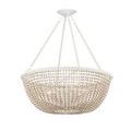 Close side profile of chandelier bead detail with partially open wooden cabinet in background
