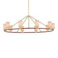 Chandelier front view with tan linen shades illuminated, emphasizing ring and upper brass rods