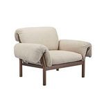 Three-quarter side view showing flared wooden arms and thick cushioned seat of Cardero lounge chair