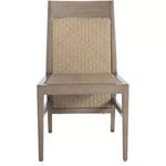 Front view of chair showing woven raffia seat and back framed by oak aluminum frame