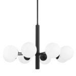 Stella 8 Light Chandelier with frosted glass orbs and matte black metal arms extending from a central rod