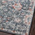 Close-up edge view of rug on dark floor emphasizing stitched border and subtle distressed design