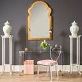 Chair with floral green and white fabric seat variation in same room setting with acrylic console and gold trimmed mirror
