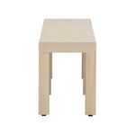 Long Parsons-style coffee table in light oak veneer with clean lines and minimalist design, viewed from side edge