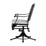 Side view of swivel rocker chair with curved armrests and cushioned seat