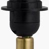 Black plastic lamp socket attached to brass neck without lamp shade or bulb