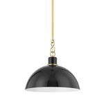 Glossy black dome pendant light with white interior and aged brass details on rod and fixture top