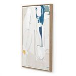 Angled view of left panel displaying wood frame thickness and abstract beige and blue shapes