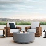 Two Havana Club Chairs beside round fire pit on terrace with mountain landscape backdrop