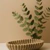 Brown marble ruffled oval bowl styled on a surface with eucalyptus branches in the background.