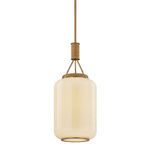 Judson Lantern pendant with elongated cream opal glass shade, rattan wrapping, and patina brass accents