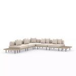 Yves 5-piece sectional with brown and sand-colored fabric cushions and integrated end tables on each side