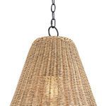 Upper portion of woven rattan shade showing detailed weave texture and illuminated bulb inside