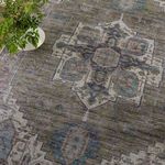 Close-up of rug’s central medallion and floral design next to a green plant on wood floor