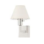 Leeds 1 Light Wall Sconce with polished steel base and white fabric tapered lampshade