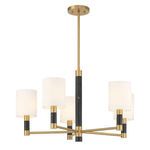 Side angle of chandelier highlighting black marble on arms and brass finish