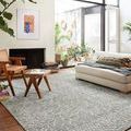 Yeshaia Sand Pebble Rug styled in living room with natural light, white walls, wooden furniture, plants