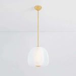 Scranton Pendant with softly etched glass outer layer and shiny opal glass core suspended by gold-toned rod and canopy