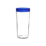 Tall clear borosilicate high ball glass with vibrant blue rim, 13 fl oz capacity
