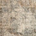 Rectangular modern rug in beige with muted abstract strokes in gray and rust tones, power-loomed polyester pile.