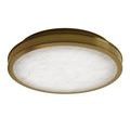 Close-up bottom view of round flush mount with gold frame and alabaster diffuser with light veining