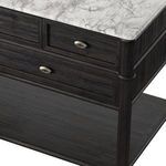 Detailed close-up of corner with taut marble edge and textured wood grain finish