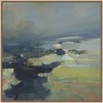 abstract landscape painting with bold brushstrokes in blues, greens, and earth tones depicting expansive countryside