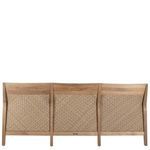 Outdoor patio with multiple seating including Savannah Teak Sofa in white cushions and neutral décor
