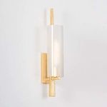 Vineland Wall Sconce with vintage gold leaf textured rod piercing cylindrical frosted cloud glass shade