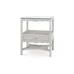 White lacquered 1-drawer side table with glass top, scalloped edges, and two cane shelves