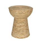 Natural accent table with hourglass shape handwoven from sustainable corn rope in light beige tones
