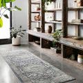 Narrow runner version of Teagan Denim / Mist Rug in industrial-style room with concrete floor and wooden shelving