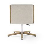 Rear view with focus on fabric back panel, wood frame, and height adjustment lever