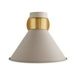 Front view of Lane sconce showing full taupe conical shade and brass mounting plate