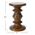 Dimensions of sable turned wood end table showing 18.5 inches height and 12 inches width