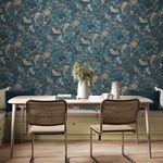 Perrow Wallpaper shown in dining room setting behind table, chairs, and bench with cushions