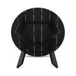 Underside view of round black outdoor dining table showing leg a-frame support structure