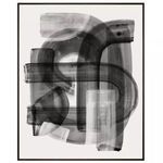 Abstract painting with overlapping bold black and gray brush strokes on 38x30 canvas in black frame