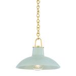 Pottersville Pendant front view with muted green shade and visible filament bulb inside