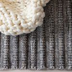 Textured rug surface with soft cream chunky knit throw partially visible on edge.