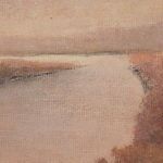 Close-up texture of the river and sky area with fine crosshatched brushwork on canvas