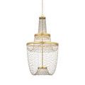 Ceiling attachment and gold chain suspending the glass bead chandelier with warm LED illumination