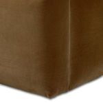 Close-up corner seam detail of the Surrey Ochre upholstery on Quincy Bed frame showing soft velvet