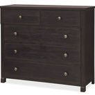 Driftwood Five-Drawer Chest shown at a slight right angle highlighting side panel and depth