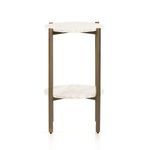 Side view emphasizing the depth and sleek iron framing of taupe marble nightstand